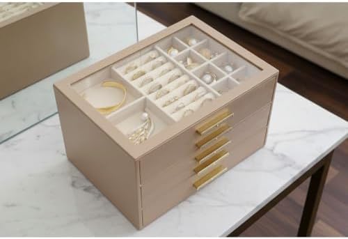 VLANDO 5-Drawer Jewelry Box with Glass Lid, Faux Leather Organizer for Rings Earrings Necklaces and More, Gift-Ready Jewelry Case for Women Girls or Moms, Latte
