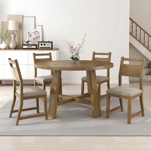 Jocisland Round Table Dining Set for 4, Solid Wood Mid-Century Mordern