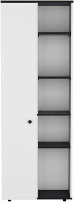 24.4" D*16.53" W*48.03" H Freestanding Kitchen Pantry with 8 Black Shelves, Single Door, Rectangular Storage Cabinet, Modern Minimalist, for Living Room, Dining Room, White