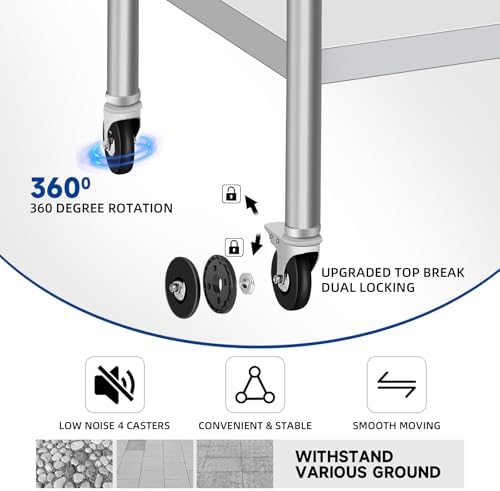 Stainless Steel Table with Wheels, 24 x 24 Inch Stainless Table for Prep &amp...