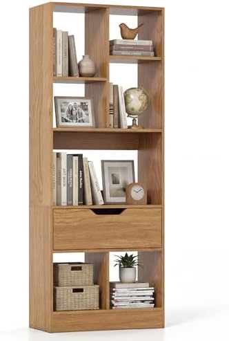 Tangkula 51” Tall Open Bookcase with Drawer, 7-Cube Display Storage Cabinet O...