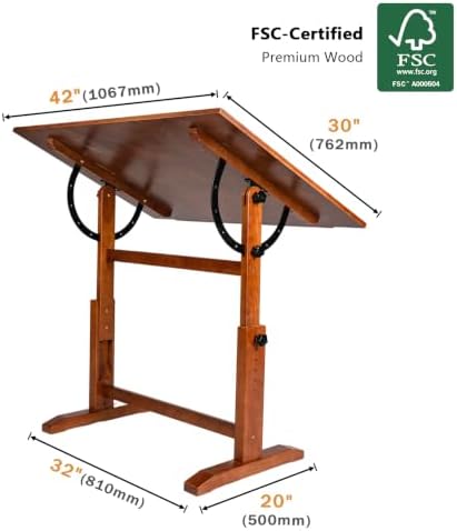 DJAR 42x30 Adjustable Wooden Drafting Table & Art Drawing Desk, Walnut | ...