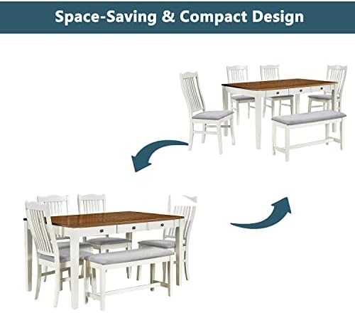 LUMISOL 6-Piece Dining Table Set with Bench, Farmhouse Solid Wood Kitchen Tab...
