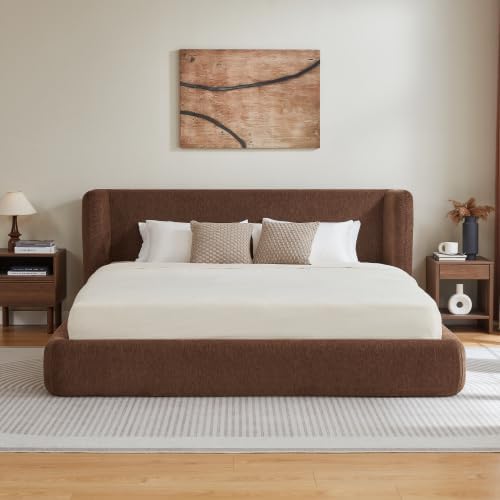 King Upholstered Bed Frame w/ Wingback Headboard, Cloud Platform Bedframe