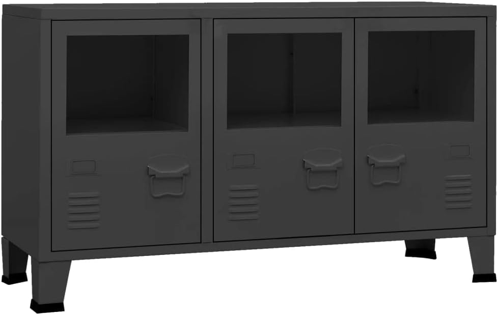 Metal and Glass Sideboard, Black Industrial Buffet Cabinet with 3 Doors, Acce...