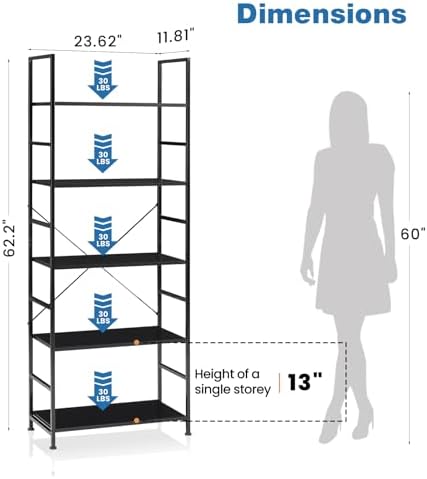 DUMOS 5 Tiers Open Bookshelf, Classic Freestanding Tall Display Shelf