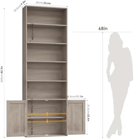 FACBOTALL 82" Tall Bookcase, Farmhouse Bookshelf with Doors, Gray