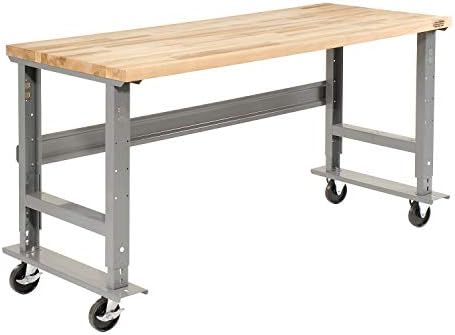 Global Industrial Mobile Adjustable Height C-Channel Leg Workbench, Maple Butcher Block Square Edge, 48"Wx30"D, Gray