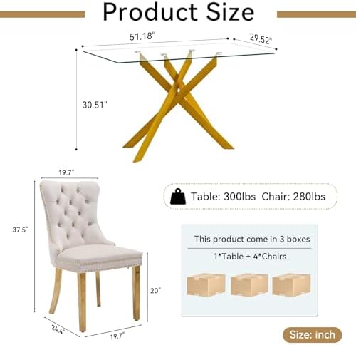 51" Modern Gold Glass Dining Room Table Set for 4, 5-Piece Rectangle Kit...