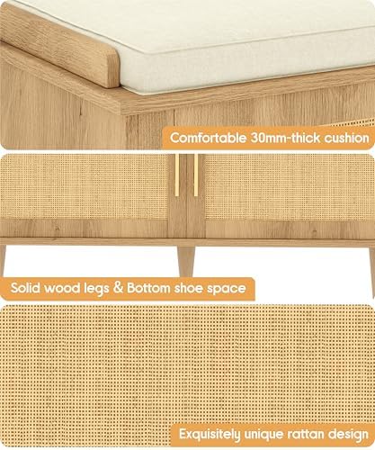 Akxomel 39.4" Rattan Shoe Storage Bench 2 Doors Wooden Entryway Bench Oa...