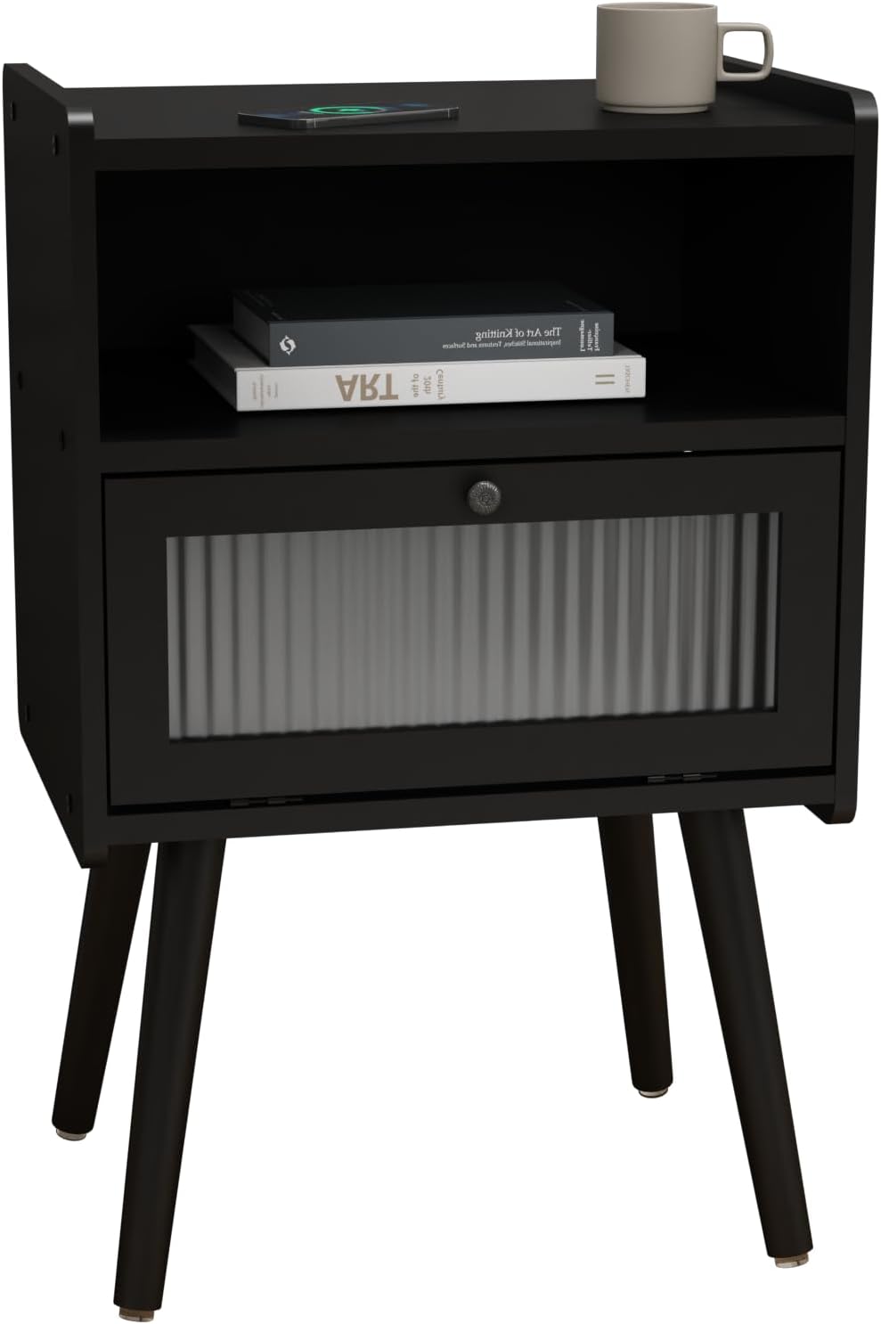 Mid Century Modern Nightstand, Bedside Table with Glass Door, Black | Side Ta...