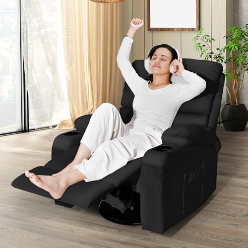 LAFWELL Rocking Recliner Chair, Massage Rocker Recliner Chair with Vibration Massage and Heat, 360° Swivel Faux Leather Chairs, Living Room, Bedroom, Nursery, RV, Black