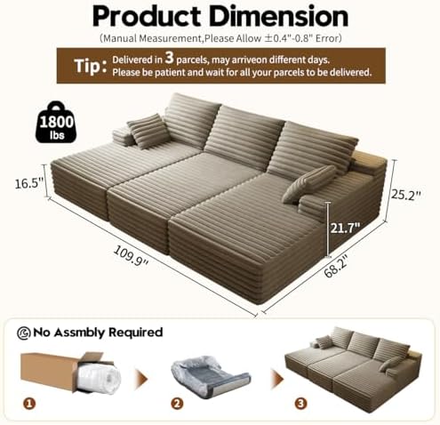 Oversized Lounge Chaise,Cloud Plush Sofa Bed,Upholstered Boneless Cloud Sofa Deep Seat,No Assembly Required,Modern Corduroy Sleeper 3 Seater Chair for Living Room Bedroom Reading,Camel