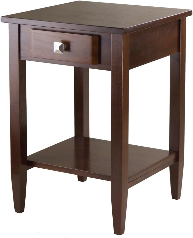 Furnifact End Table with Drawer, Tapered Legs, Lower Shelf, Solid Wood Frame,...