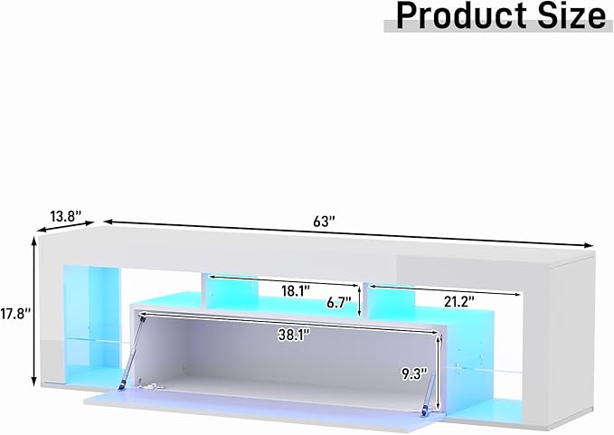 63" Floating High Gloss LED TV Stand for 75" TVs, Wall-Mounted Entertainment Center, Modern Media Console with Open Adjustable Glass Shelf and Hidden Storage Cabinet, White