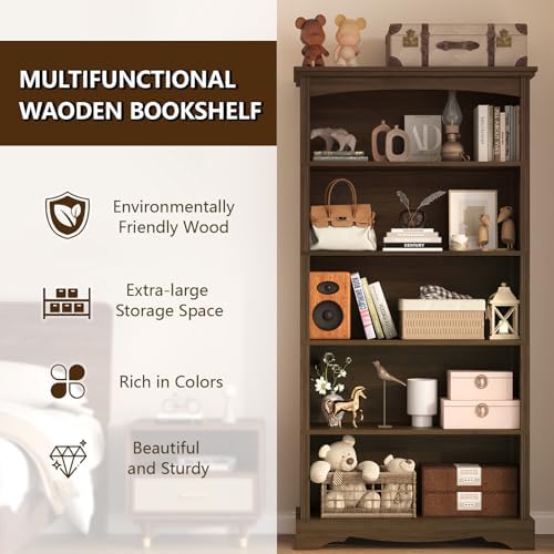 TVU 5-Tier Wooden Bookshelf, 31.5" W x 65" H ×9.9" D Bookshelf...