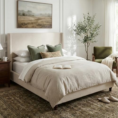 Queen Size Upholstered Bed Frame, 52.7" High Headboard Wingback Bedframe...