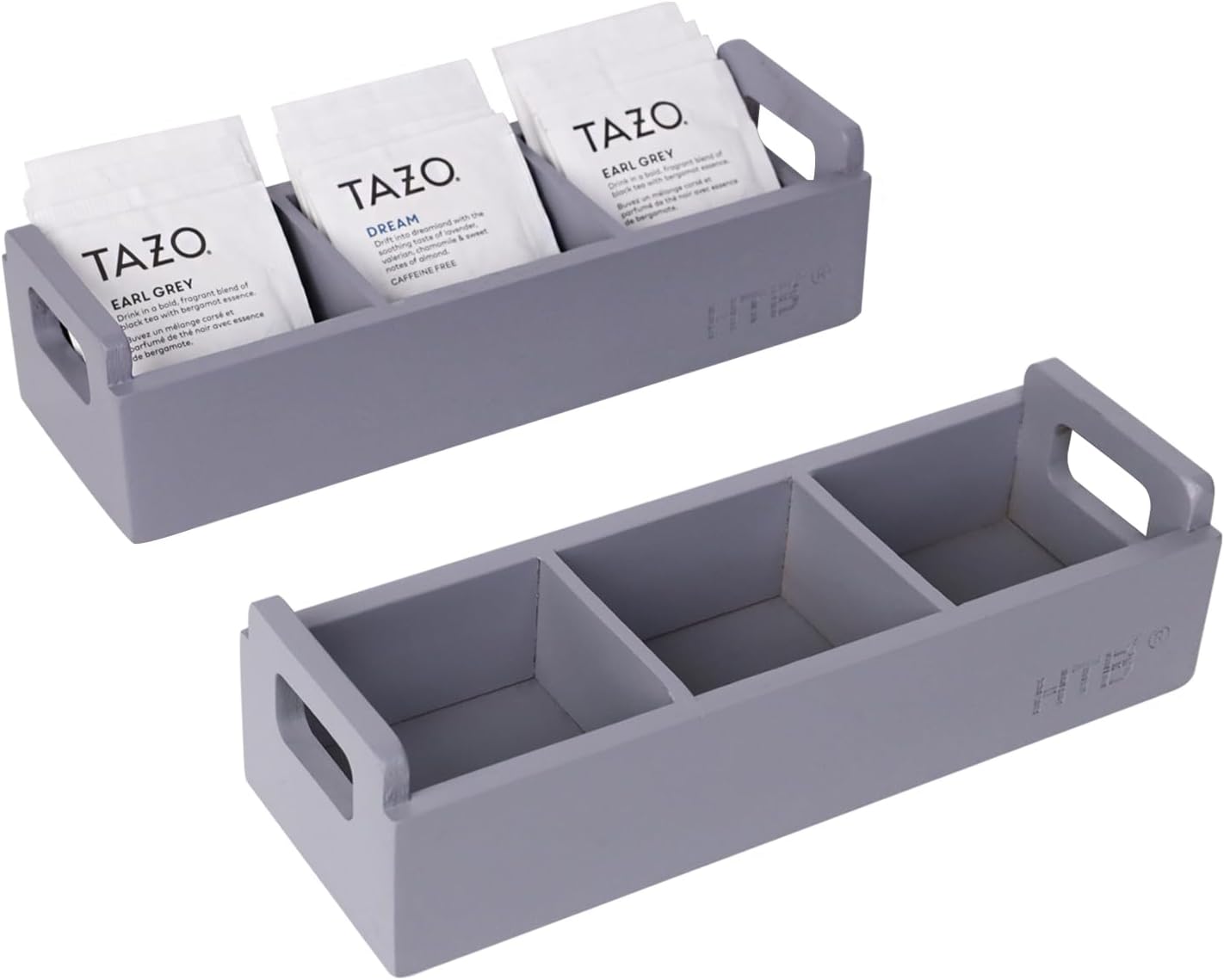 HTB Slim Tea Bag Organizer 2pcs, Grey 3 Compartments Tea Box Wooden with Handle for Small Space, Wood Tea Organizer for Tea Bags