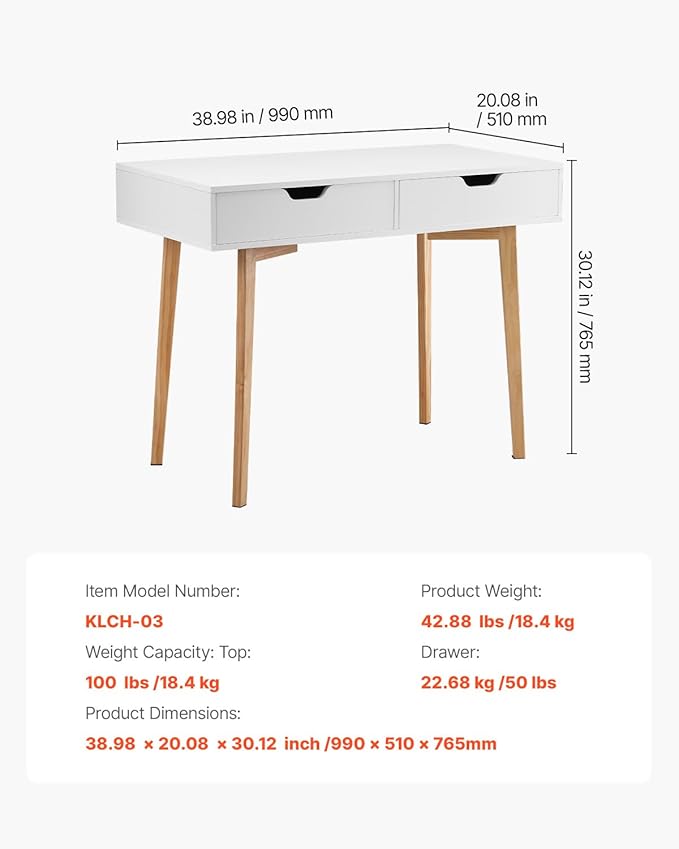 VEVOR Small Desk with Drawers, Kids Desk for Bedroom, Wooden Simple Study Table for Drawing, Reading, Writing, Rectangle MDF Furniture Study Storage Table for Home, Office, White + Wood