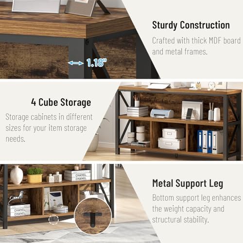 EXCEFUR 47 Inch Rustic Brown Horizontal Bookshelf, Modern Industrial Wood &am...