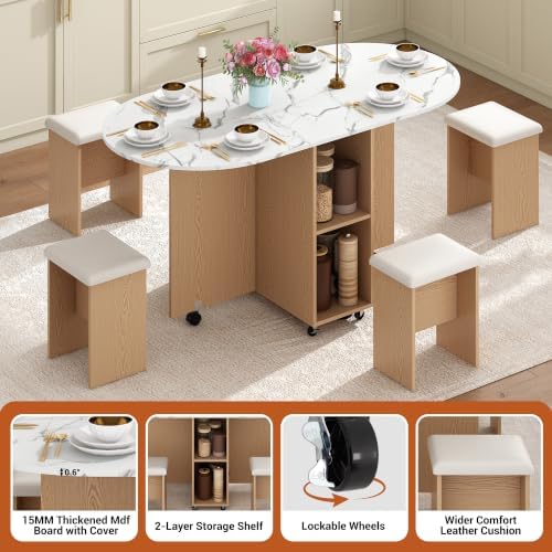 5 PCS Farmhouse Dining Table Set for 4,60" Large Round Folding Dining Ta...