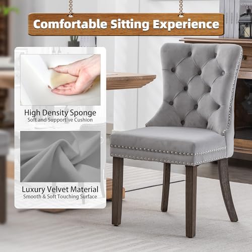 Velvet Dining Room Chairs Set of 2, Button Tufted, Wood Legs, Light Gray