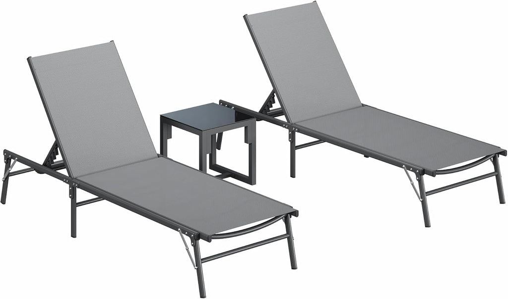 Amopatio Outdoor Lounge Chairs Poolside Chaise Lounge for Patio Set of 2 | with Side Table Foldable Stackble Fully Assembled Weather Resistant 5-Position Adjustable Backrest 400LBS Capacity