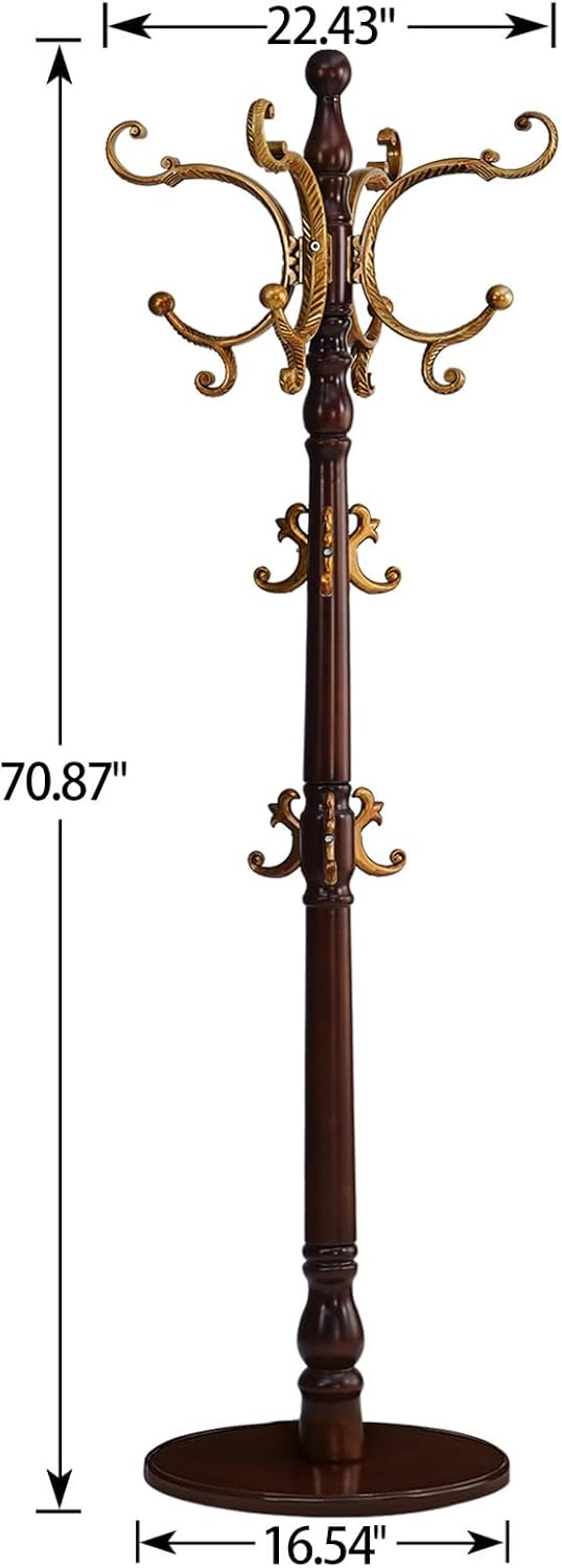 Coat Rack Freestanding, Wooden Coat Tree with Stable Round Base, Vintage Heav...