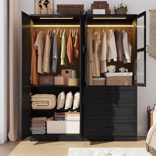 75" Tall Farmhouse 4 Doors Armoire Wardrobe Closet with 3 Drawers and LE...