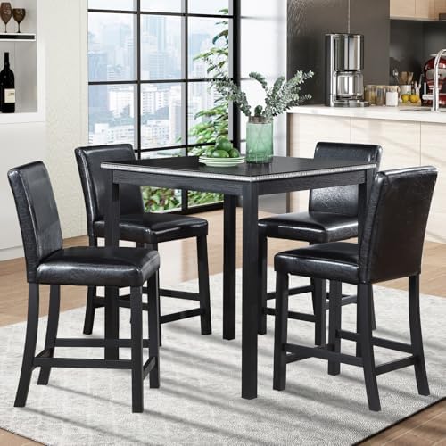 LUMISOL Dining Table Set for 4, Solid Wood Counter Height Kitchen Table Set w...