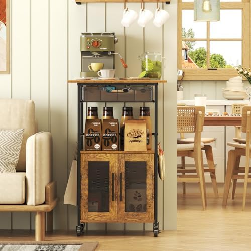 3 Tier Slim Rolling Coffee Cart with 2-Door & Pull-Out Wire Basket Drawer...