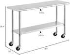 ROCKPOINT Stainless Steel Table for Prep & Work with Caster Wheels 18x60 Inches, NSF Metal Commercial Kitchen Heavy Duty Table with Adjustable Under Shelf and Table Foot for Restaurant, Home and Hotel