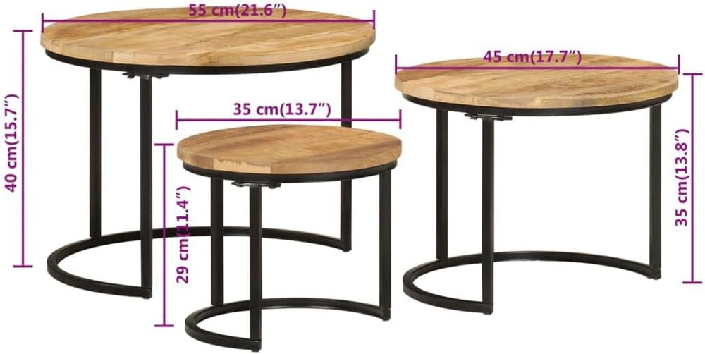 Nesting Tables 3 pcs Solid Mango Wood | Space Saving, Sturdy Tabletop, Versat...