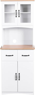 67'' H Kitchen Pantry Cabinet, Modern White Tall Storage Cabinet with Glass Doors and Drawers, Kitchen Storage Microwave Cabinet for Dining Room