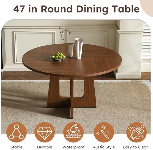 47" Round Dining Table Set for 4, Walnut Wood Grain Table and 4 Chairs Set