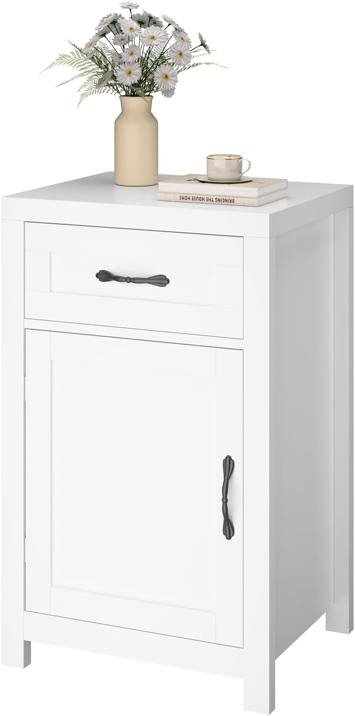 White Nightstand with Drawer, Farmhouse End Table with Storage Cabinet and Ad...