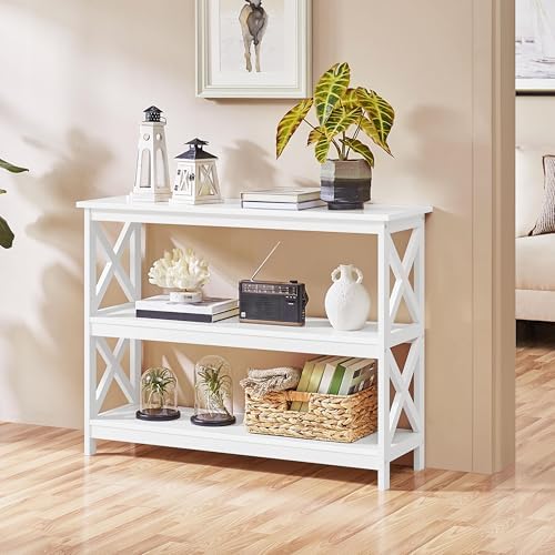 Yaheetech 42"L White Console Table 3-Tier Narrow X-Frame Open Storage Sh...