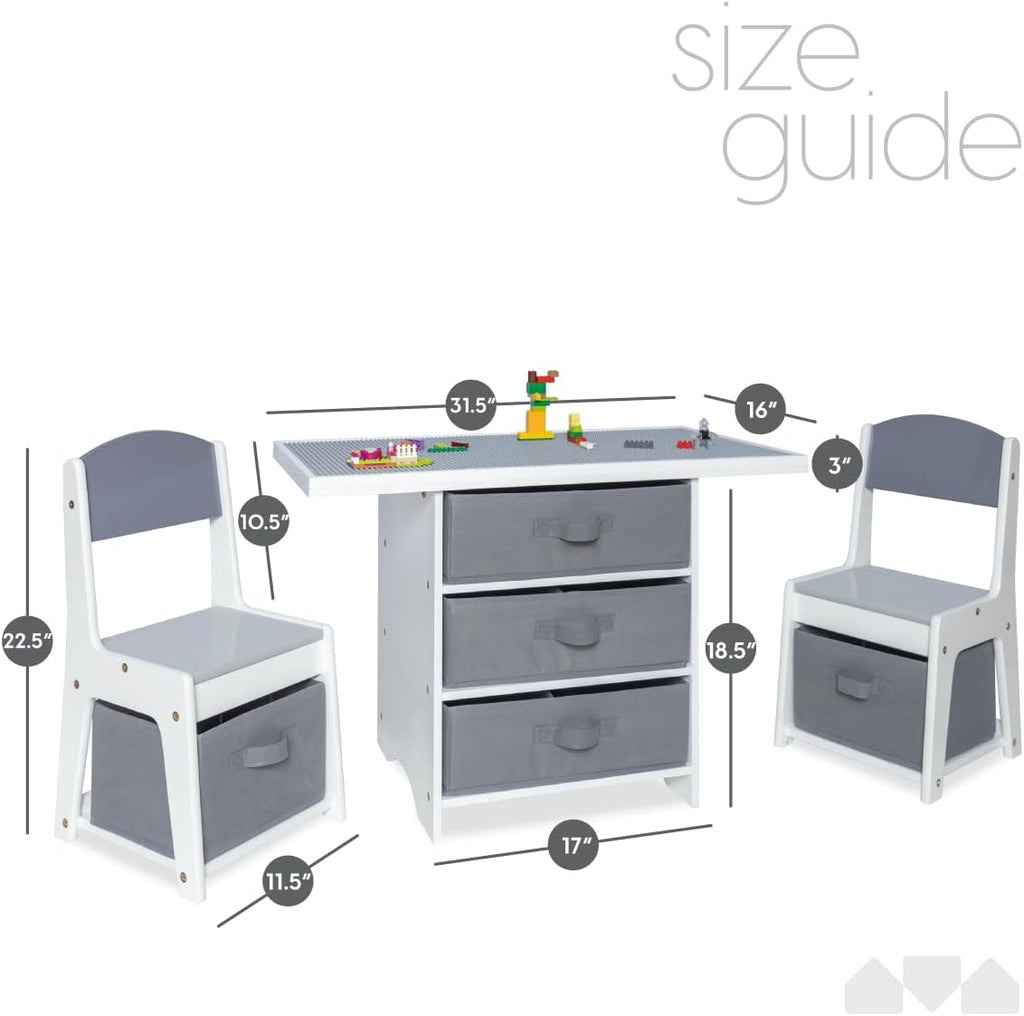 Milliard Kids 3-in-1 Play Table and Chair Set Wood with Storage Baskets, Compatible with Lego and Duplo Bricks, Activity Table Playset Furniture with Modern Gray Colors