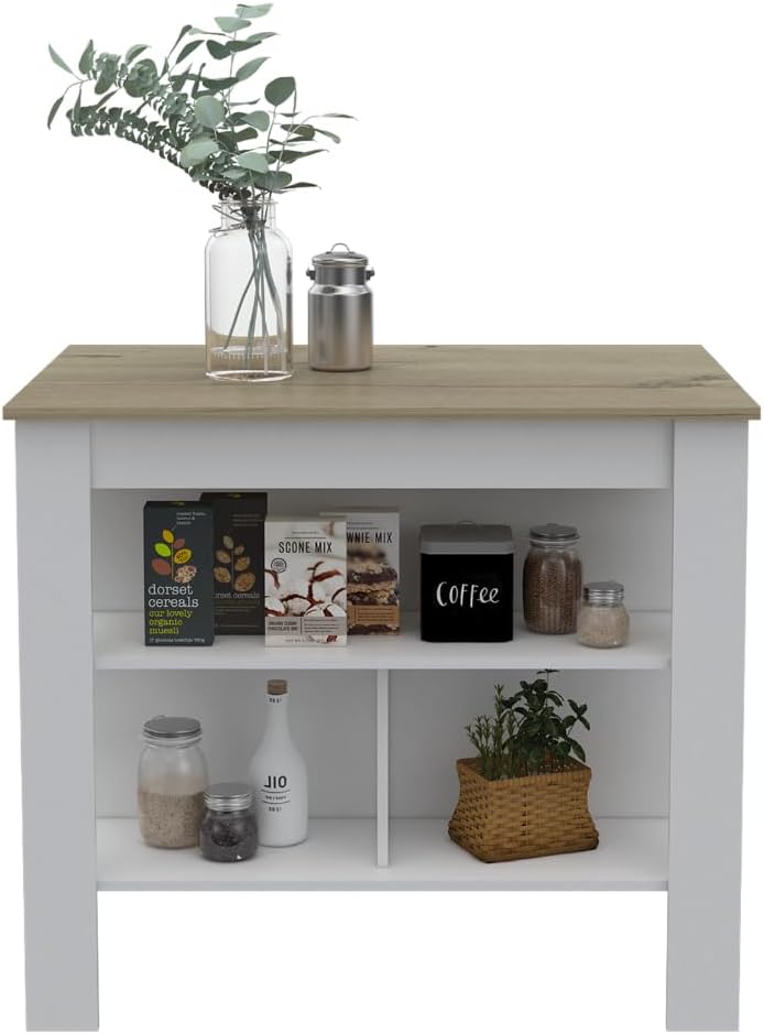 Kitchen Island with Three Storage Shelves and Four Legs | Tabletop with prote...