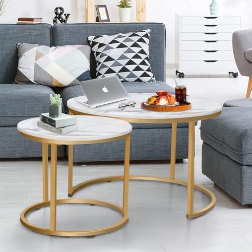 aboxoo Coffee Table Nesting White Set of 2 Side Set Golden Frame Circular Rou...