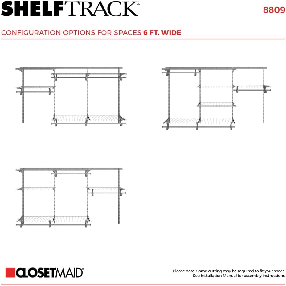 ClosetMaid ShelfTrack Wire Closet Organizer System, Adjustable from 5 to 8 Ft., With Shelves, Clothes Rods, Hardware, Durable Steel, Satin Chrome