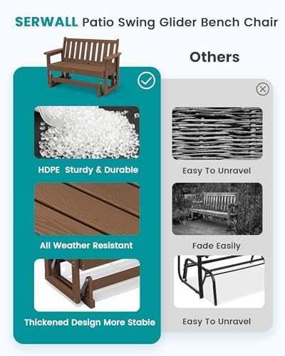 SERWALL 2 Person Patio Glider Bench, HDPE All Weather Swinging Bench, Brown