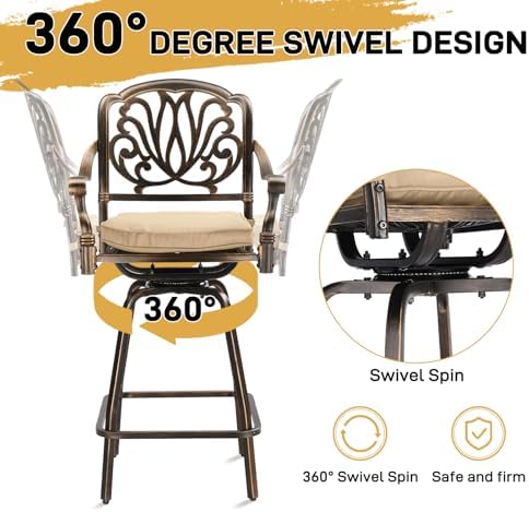 VINGLI Outdoor Swivel Bar Stools Set of 2, Cast Aluminum Patio Bar Height Cha...