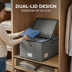 Storage Bins with Lids [3-Pack] Linen Fabric Foldable Storage Boxes Organizer Containers Baskets Cube with Cover for Bedroom Closet Office Grey(23.4X15.9X11.4)