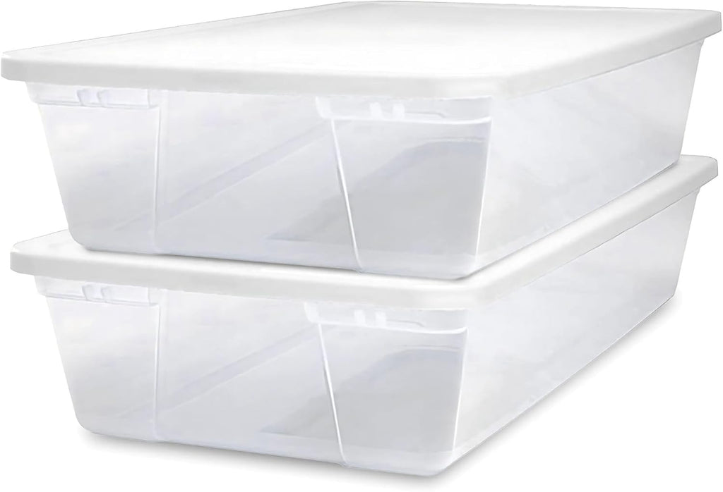 HOMZ 2-Pack Snaplock, Large Clear Plastic Storage Organizer Bins w/Lids, 41 Quart, White - Stackable Container Boxes for Bedroom, Bathroom, Garage, and Office Organization