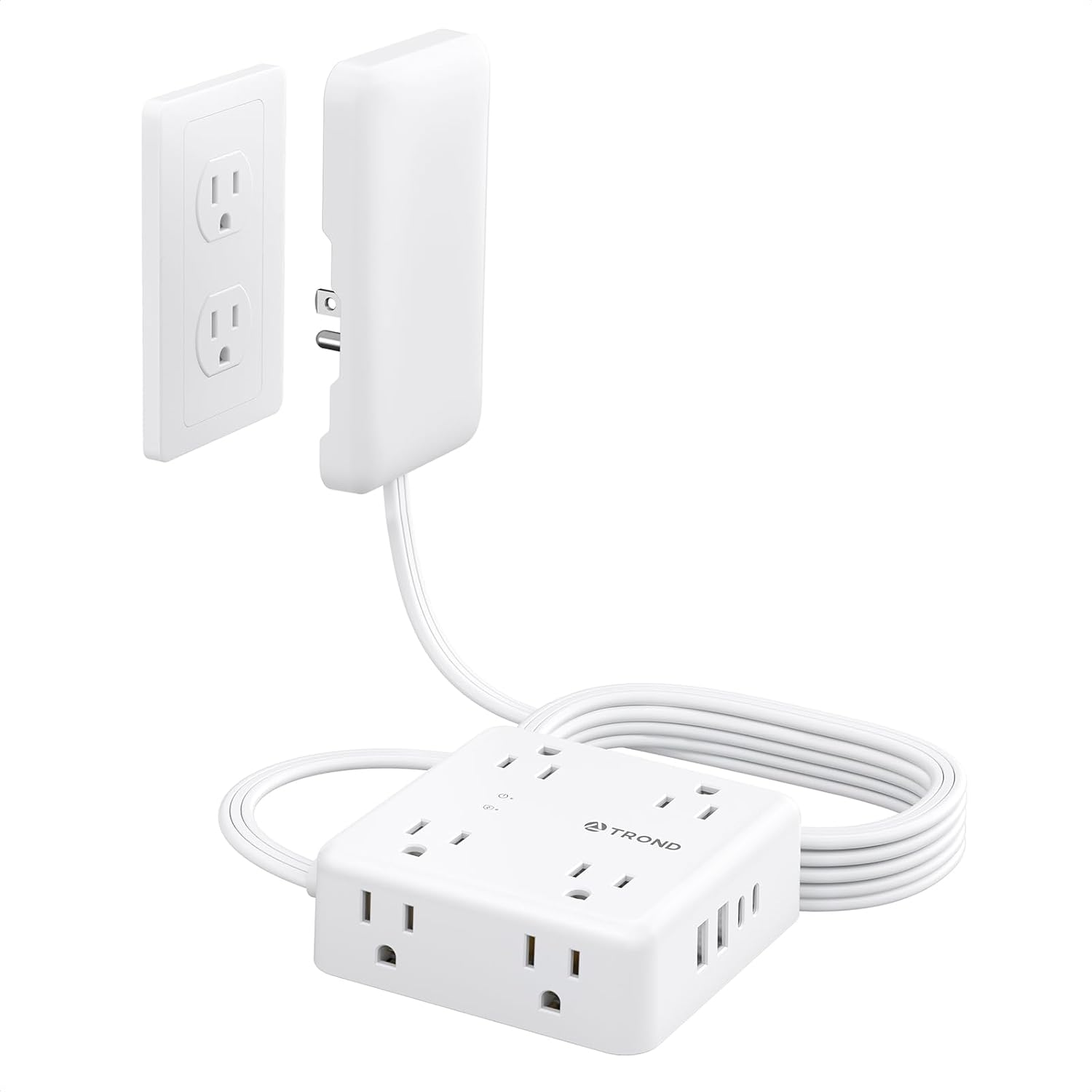 TROND Flat Power Strip with Outlet Cover - 10FT Long Extension Cord with 8 AC Outlets, Flat Wall Plug with 2 USB A & 2 USB C Ports, 1700J Surge Protector, Compact for Home Office Dorm Room Essentials