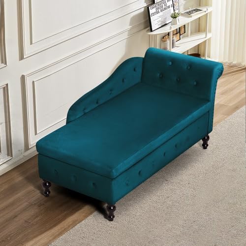 Velvet Chaise Lounge w/Right Armrest & Storage Space, Teal | Button Tufte...