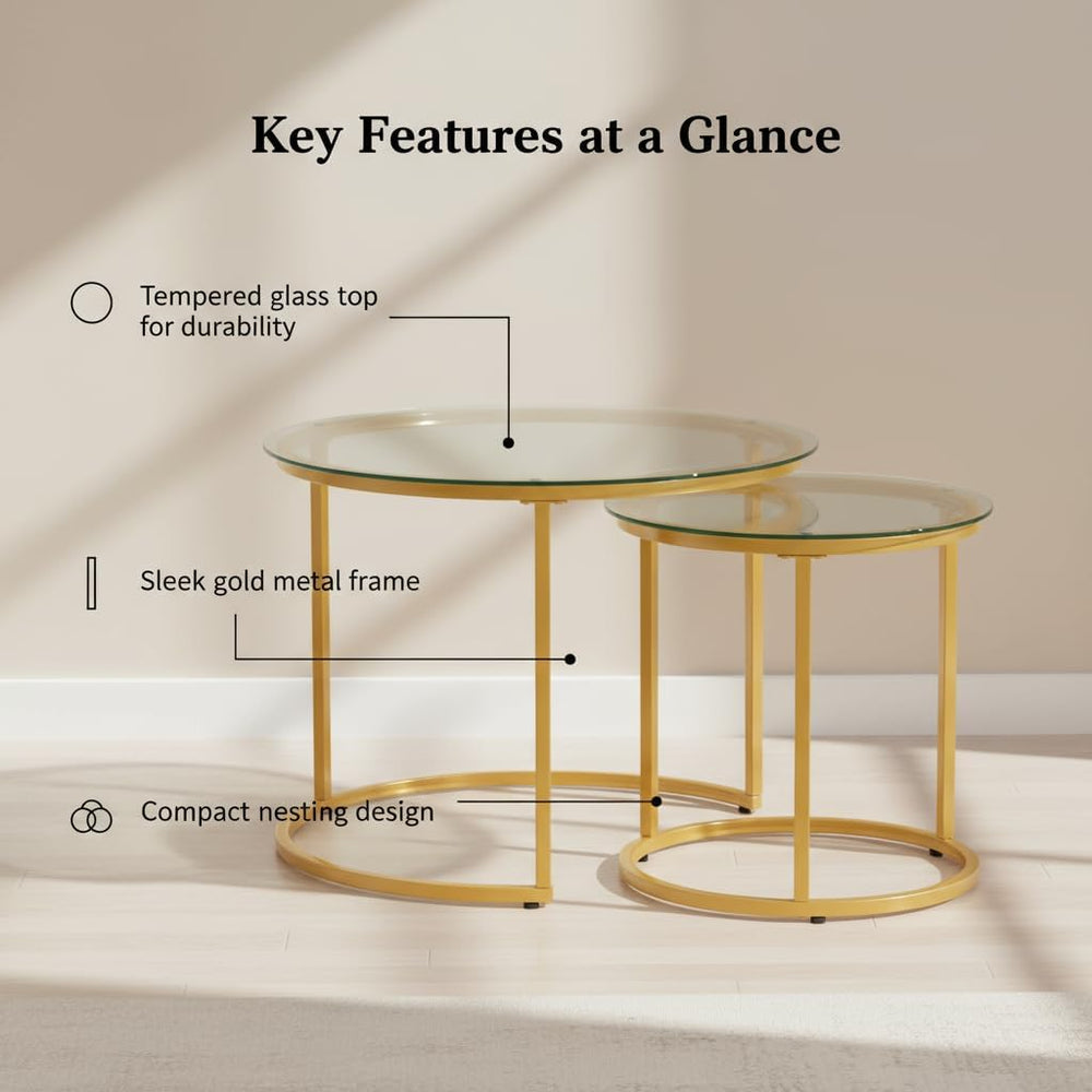 Round Nesting Coffee Table Set of 2, Glass Stacking Minimalist End Table | Mo...