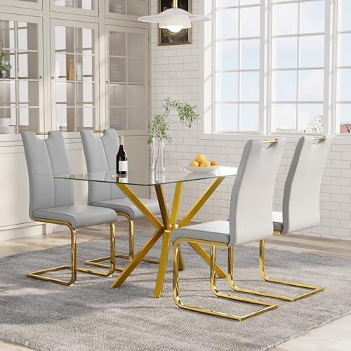 5-Piece 47" Dining Table with 4 PU Leather Chairs, Modern Dining Table S...