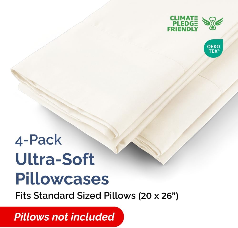 Standard Pillow Cases - 4 Pack - Super Soft Pillowcase Covers - Envelope Enclosure - Hotel Quality Pillow Protectors - Wrinkle Free, Shrink & Stain Resistant - Machine Washable - 20" x 26" (Off White)